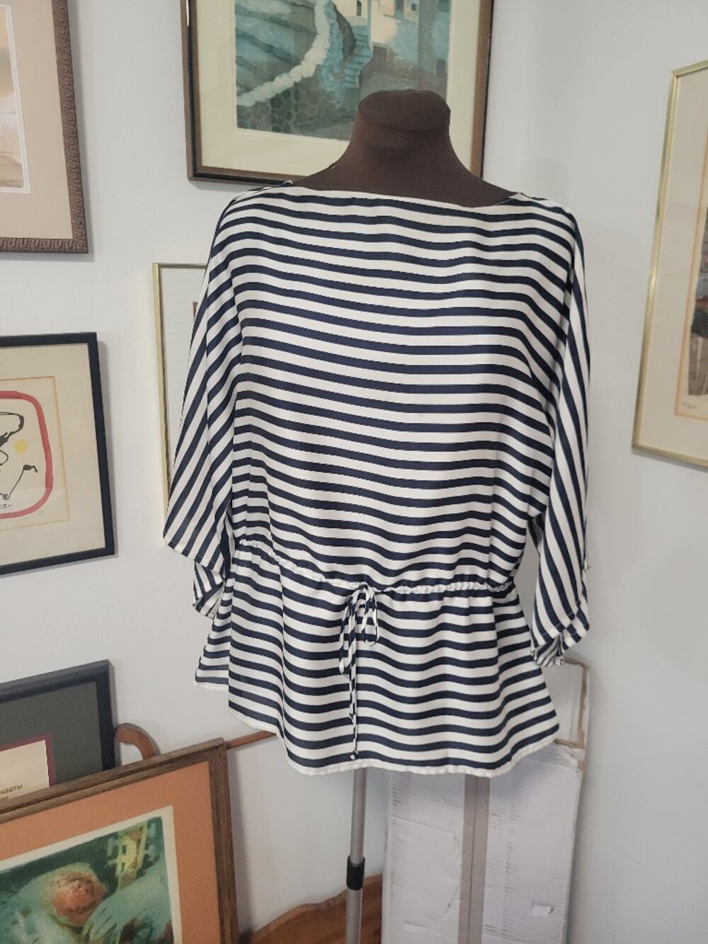 Chaps Petite Silky Striped Nautical Blouse with drawstring waist Size Petite M